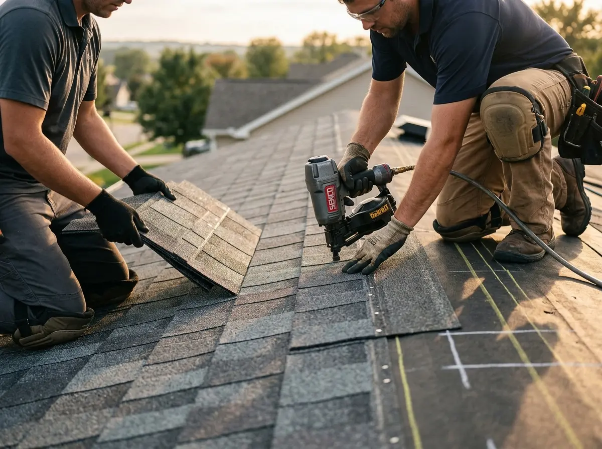 Professional roofer working on a residential roof in Rockford
